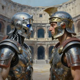 stunning close - up painting of two cybertronic roman gladiators facing each other inside a metallic cyberpunk colosseum, sci - fi, by aivazovsky and noriyoshi ohrai