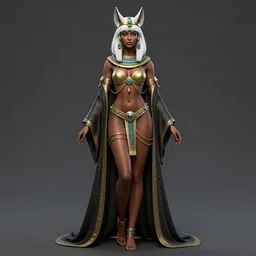 full length complex 3 d hyper realistic smooth ultra sharp render of a gorgeous light skinned african woman with white hair | bikini, chains, robes | demoness, succubus, witch, egyptian goddess, neko | medieval, fantasy, d & d, unholy | intricate, highly detailed, octane render, photorealistic | art by 吵 集 仁 儿 on artstation + oh jinwook + sakimichan