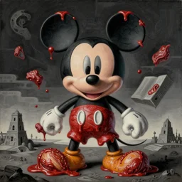 gnarly molten dripping meat mickey mouse body parts dark ritual by goya and escher, highly conceptual figurative art, intricate detailed illustration, flat acrylic painting, monumental dynamic illustration, surreal art, detailed illustration