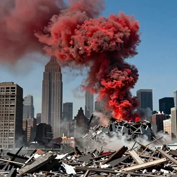 destroyed new york city, war, real, blue sky, smoke, red clouds, detailed, award winning, photograph, cinematic