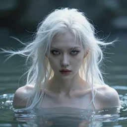 a pale woman in water up to her shoulders, hair glowing and flowing, evil eyes, 4k telephoto lens,