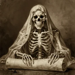 photorealistic sepia painting of a skeleton shrouded in an unravelled scroll, by richard corben, atmospheric lighting, brooding, painted, intricate, ultra detailed, well composed, best on artstation, cgsociety, epic, horror, stunning, gorgeous, intricate detail, much wow, masterpiece, cinematic aesthetic octane render, 8 k hd resolution,