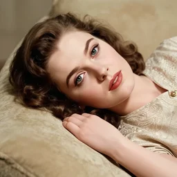 close up photo of a young beautiful jewish actress laying on a couch taken in 1 9 5 6, high quality, studio lighting, elegant, intricate detailed