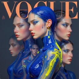 3 d, close - up, liquid deep blue oil, fashion model with yellow neon tattoo, vogue cover style, poster art, high detail, intricate oil painting, multiple exposure, hyperrealism, 3 d, by tooth wu and wlop and beeple and greg rutkowski