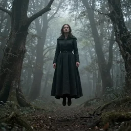 a high detailed photo of a lady in a dark cloak suspended in mid air, ancient forest, mist, 35mm, photorealistic, realistic, deviantart, gloomy atmosphere, high definition