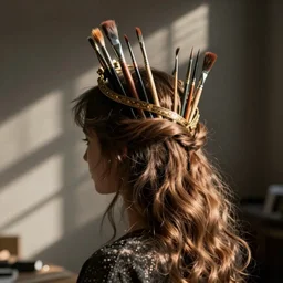 a crown of artist's brushes in a girl's hair