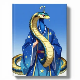 real anime cover of a rich ethereal colorful blue hybrid of a peacock and snake, accented in bright metallic gold, wearing star filled mage robes and excessive amounts of golden jewelry and gems, art by yuji ikehata and satoshi kon, background art by miyazaki, realism, proper human proportions, fully clothed, vhs