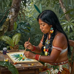 a beautiful painting of an indigenous female doing artwork in the jungle, realistic, ayahuasca