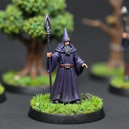 dnd miniature of a wizard standing on a grassy plinth with a model tree in the background, depth of field, dslr, 8k, hand painted