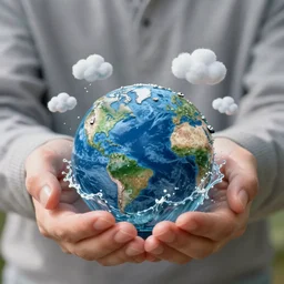 Holding miniature Earth with water waves in Hands, with small clouds floating above miniature earth, small boats on the miniature Earth, 40nm lens, wide angle, shallow depth of field, 4k,