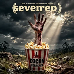 severed hand in popcorn bucket, horror movie poster