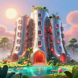 highly detailed futuristic architecture by Frank Gehry, in the style of pixar animation, stylized vegetation, ground-level view, puddles of turquoise water, foggy atmosphere, stunning sunny lighting, sunrise, vivid colors, trending on Artstation, 8k, matte painting, ray tracing, hyper detailed, unreal engine 5, cinematic, epic lighting, cryengine, octane render, cyberpunk, red and orange glow, vibrant
