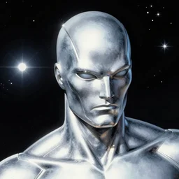 silver surfer by bill sienkiewicz, stellar, macro up view metallic, tron, close up bokeh hiperrealistic neon glow darkness dramatic neon, sharp focus, octane render, imax