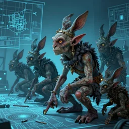 goblin rabblerousers, in the style of Greg Broadmore and Arthur Rackham,trending on artstation, light lighting side view,digital art,surrealism ,macro,blueprint ,vaporwave ,