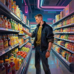 cyberpunk man shopping at a neon soaked grocery store, science fiction painting, elegant intricate digital painting artstation, art by norman rockwell, detailed