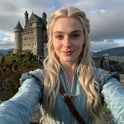 eowyn posing for a selfie in front of a castle on a mountain