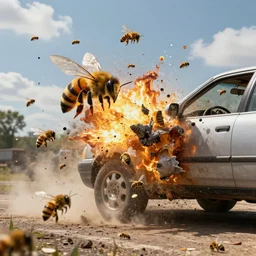 car exploding into bees particle effects, realistic highly detailed, cinematic
