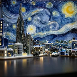 A porcelain city model at a starry night, city led lights, tilt shift, high contrast, reflections, Canon TS-E 17mm f/4, pristine quality wallpaper