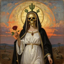 antique oil painting of a woman with metalic gold skeleton mask, wearing white and black virgin attire wearing an aureola made of gold, cactus and pearls over the head, holding a rose in a hand, with warm sunset backlight reflecting on a whirlpool of clouds forming acircular background. sunset light. beneath there's a barren land with serpents.