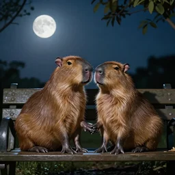 Two capybaras, in love, sitting on a park bench with their bodies touching each other, holding hands in the moonlight.
