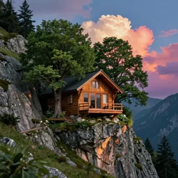 a cozy cabin carved into a mountain side, big green trees, colorful clouds, dramatic lighting, artstation, matte painting, raphael lacoste, simon stalenhag, frank lloyd wright