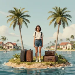 a sad girl stands on an island with suitcases, among palms, houses, pen's sketch
