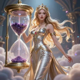 a beautiful female goddess of hourglasses character, character is in all its glory, character is centered on the image, character is in heroic natural pose, rim lights, magic in the air, fancy clouds, highly detailed professional photo, dynamic lights, particles are flying, depth of field, trending on artstation, illustration, hyper realistic, vray caustics, super detailed, colorful accents, cinematic shot