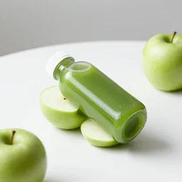 minimalist zen juice bottle on a zen minimalist white table lying on sliced green apples, intricate detail, high quality, hyperrealistic,