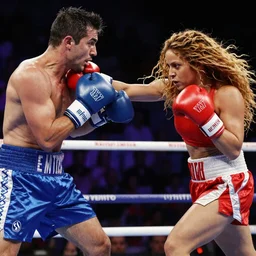 Shakira with boxing gloves fighting against Gerard Pique, cinematic epic shot,
