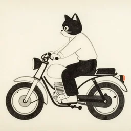 Japanese woodblock print of a cat riding a motorcycle
