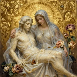 la pieta ultrarealistic ultradetailed medium shot painting of slime catholic veiled transparent lady with still life decay flowers, greg rutkowski, immerse, 1 9 th, special effects makeup, masterpiece, maximalist, glittering, gold, ivory, hyperreal, golden ratio, alphonse mucha