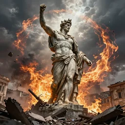 giant greek statue attacking a city, city destruction ruins, debris flying around, swirls of fire