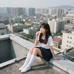 photorealistic, girl sitting on a rooftop, cute kawaii girl, wearing skirt and high socks, having a snack, looking up, magic eyes, digital art, concept art, best of 2023 on artstation style, simulation, structure, fine, wide angle, natural light, volumetric, behind is a large scale city