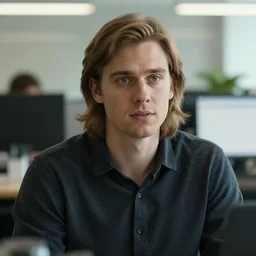 scene at office with an handsome man of 3 9 years old, green eyes, light brown, good looking, wide round nose, mid long hair, in an office by david rutkowski, by artgem