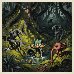 ancient creatures, by gediminas pranckevicius, by james gilleard, dark shadows, woodblock, split - complementary - colors, polished, moss, favolaschia - calocera, fountain of youth
