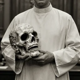 a priest with no mouth holding a zombie head, realistic, found footage style, sepia photography