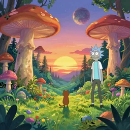 illustration of a cat in a colorful forest landscape, giant mushrooms, sunset, unknown planet, by studio ghibli, rick and morty style. anime film, cinematic shot, artstation, insanely detailed, 4 k.