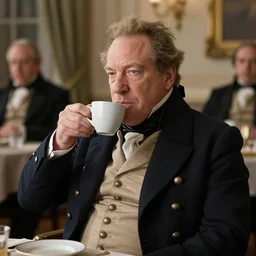 Harvey Weinstein in 18th century British officer\'s outfit, drinking coffee n 4