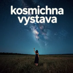 album cover with text kosmichna vystava, a beautiful landscape of a starry sky with an beautiful woman waving to the horizon, cinematic, dramatic, color grading, photojournalism, colorful, highly detailed