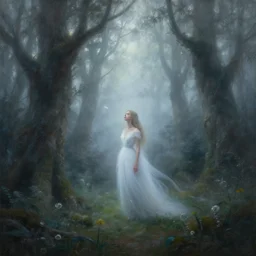 a will o the wisp in misty woods, beautiful ethereal fantasy painting by artgerm and greg rutkowski