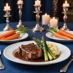 product shot of a dinner with prime rib, asparagus, mashed potatoes and gravy, and steamed carrots with blue table cloth and lit candles in ornate silver candlesticks, ultra - realistic, photo realism, professional photograph, extreme detail, deep focus, laser sharp, volumetric lighting, atmospheric, five - star, luxury, elite