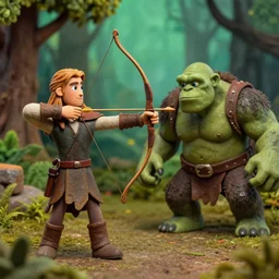 Claymation of two subjects: Legolas with an archery-bow aiming at an orc, in picturesque forest diorama