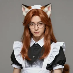 a beautiful cute german guy with very long chestnut! hair, with glasses and short stubble! goatee, fake cat ears, cosplay of a catboy! maid! dress, digital painting, concept art, matte, artgerma and greg rutkowski anime style