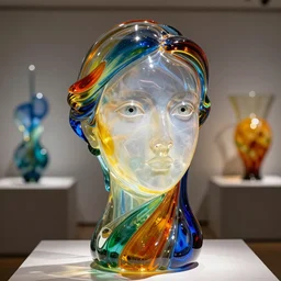 full figure, beautiful colorful female glass sculpture, smooth, delicate facial features, crystal eye, iris, beautiful glass work, bright internal glow, by dale chihuly and daniel arsham and alphonse mucha, hdri, studio lighting, museum display