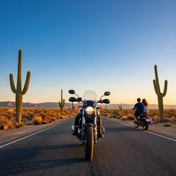 road california desert, sunset, blue sky, cactus, high detailed, one motorbike in center of frame, drive out, couple of boy and girl riding, beautiful concept photo, wallpaper