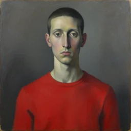 a painting of a person wearing a red shirt, a surrealist painting by victor brauner, trending on cgsociety, pop surrealism, oil on canvas, dystopian art, muted