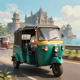 an auto rickshaw driving through bombay, an epic fantasy, wide shot, ultrarealistic, detailed, ( ( ( depth of field ) ) ), crisp details, sharp details, photorealism, colorful, cinematic, horizon forbidden west trending on artstation, masterpiece, by greg rutkowski, studio ghibli, by ross tran, by fenghua zhong, octane, soft render