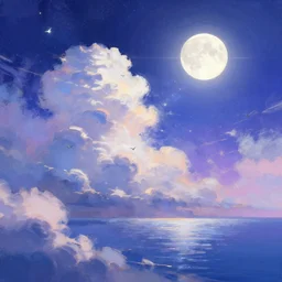 a beautiful illustration of interstellar, art of alena aenami, featured on artstation, vertical orientation, paint brush strokes, expressionism, brushstroke - laden, breathtaking clouds, birds, ocean, beautiful stars, long exposure, big moon radius, airy midnight theme, blue purple gradient, lens flare
