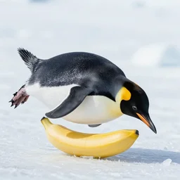 a penguin slipping on a banana in the antarctic