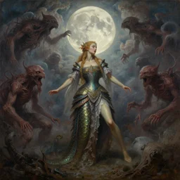 concept art of fairy, lovecraftian, renaissance, roaring, melting horror, round moon, rich clouds, fighting the horrors of the unknown, very detailed, volumetric light, mist, fine art, decaying, textured oil over canvas, epic fantasy art, very colorful, ornate scales